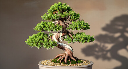 Fototapeta premium Elegant bonsai tree with twisted trunk and lush green foliage.
