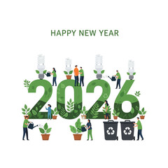 Naklejka premium Happy New Year 2026 with Green Eco-Friendly Initiatives for a Sustainable Future, Featuring People Caring for Plants and Recycling, Inspiring Positive Change