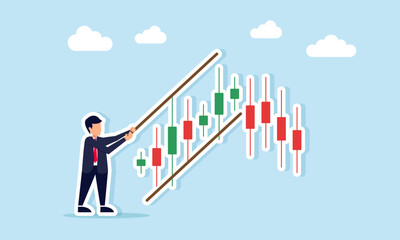 businessman placing reference line on candlestick illustration of technical analysis of company stock in stock exchange