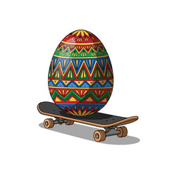 Vector art of a vibrantly decorated easter egg with a colorful geometric pattern, placed on a skateboard