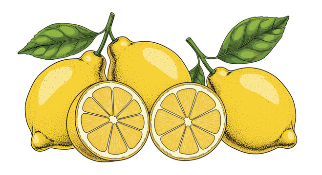 A group of ripe yellow lemons with green leaves.