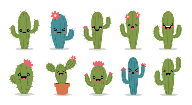 Cute kawaii smiling cactus characters with flowers and green spikes.