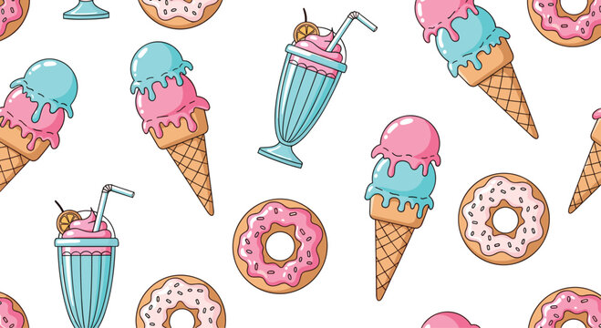 A whimsical pattern of pixel art ice cream cones donuts and milkshakes.