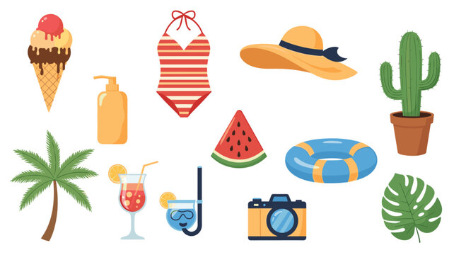A vibrant collection of summer vacation essentials and beach activities for relaxation and fun.