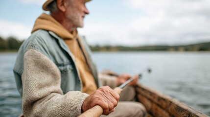 Old man fishing in a boat on a river.