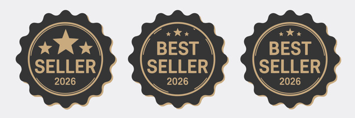 Best Seller 2026 Badge Icon Set,  Flat vector collection of award labels, bestseller stickers, and promotional badges perfect for marketing, advertising, web design, and e-commerce graphics.