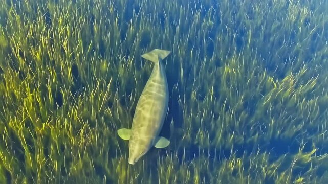 Gentle marine life: Two dugongs swim serenely through clear, shallow waters
