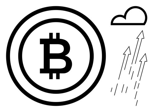 Bitcoin symbol inside a circle, rising arrows, and a cloud. Ideal for blockchain, finance, cryptocurrency, investment, market growth digital economy fintech themes. Simple flat metaphor