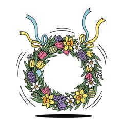 Vector art of decorative easter wreath with spring flowers, tulips, daffodils, hyacinths, and eggs