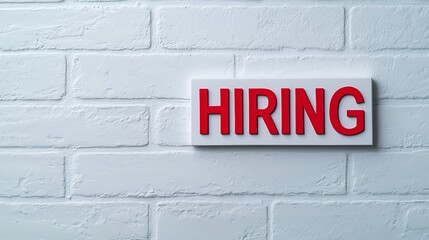 A bold "HIRING" sign on a textured white brick wall, signaling job opportunities and attracting potential applicants.