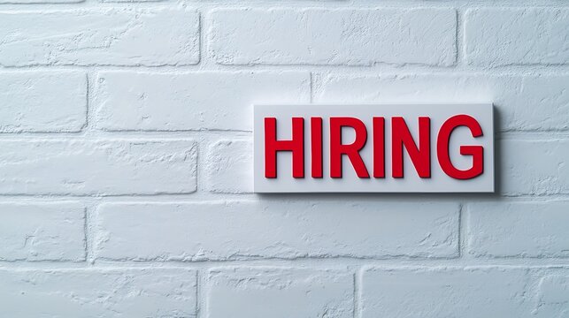 A bold "HIRING" sign on a textured white brick wall, signaling job opportunities and attracting potential applicants.