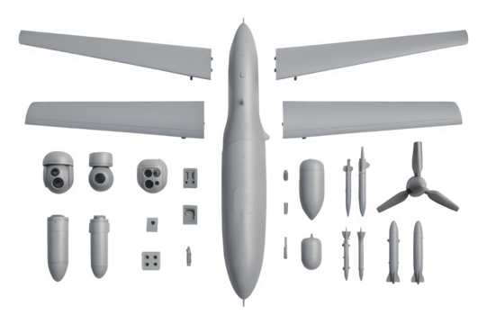 Exploded CAIG Wing Loong II Drone Components – 3D Render, Transparent PNG