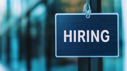 A "Hiring" sign hanging in a business setting, indicating job opportunities available.