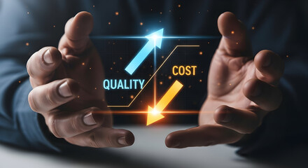 Hands presenting quality increase and cost reduction business strategy