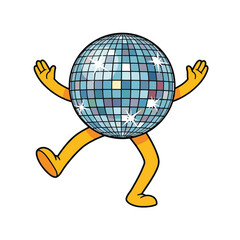 Vector art of a dancing disco ball with cartoon arms and legs, isolated on a