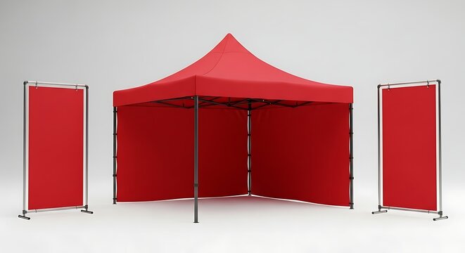 Red Pop-Up Tent and Display Stands on White Background, Studio Shot.