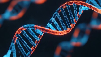 Vibrant 3D Illustration of DNA Double Helix Structure in Blue and Red Colors with Glowing Elements on Dark Background 4k video footage - Powered by Adobe