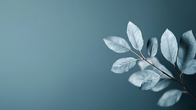 A serene close-up of delicate blue leaves against a subtle gradient background, evoking calmness and nature's beauty.