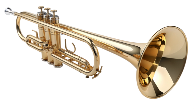 A shiny golden trumpet musical instrument, isolated on a transparent background, showcasing its intricate valves and bell, ready for performance