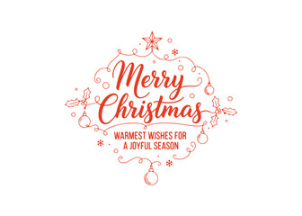 Merry Christmas hand lettering for greetings. Holiday logo design. A black handwritten message adorned with Christmas decorations. Template for a greeting card. Set against a white background.
