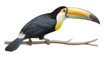 Fototapeta premium A vibrant toucan with a large, colorful beak perches on a bare branch in a natural environment, showcasing its striking plumage and unique features.