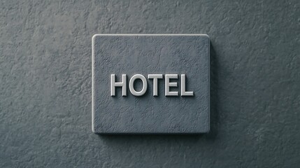 A minimalist hotel sign made of textured material, featuring the word "HOTEL" prominently displayed.