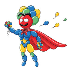 Vector art of a superhero made of balloons, with a red cape, flying and holding a small bunch of balloons
