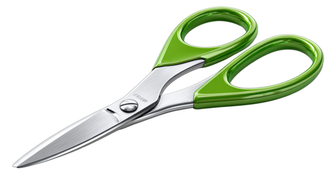 A pair of green-handled scissors with a sharp metal blade, suitable for various cutting tasks in daily use.