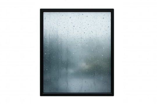 Windowpane with raindrops falling down on glass during a rainy day, creating blurred background, transparent background