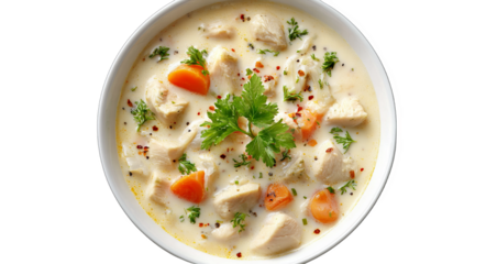 A bowl of creamy chicken soup with carrots and herbs, showcasing a delicious and comforting meal.