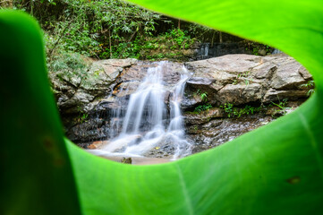 Beautiful Small Waterfall in Green Forest in jungle at Huay U-Mong Nature Trail Chiang Mai, Northern Thailand