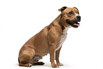 Portrait of a happy american staffordshire terrier dog sitting on white background