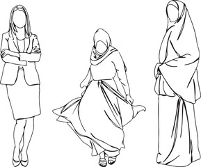 traditional women, ethnic dress, cultural outfit, fashion illustration, feminine figure, graceful art, elegant posture, classic heritage, line design, cultural identity