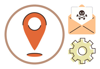 Location pin, email with skull-and-crossbones, and a gear icon. Ideal for cyber security, digital safety, malware alert, online dangers, IT risk tech support and hacking prevention. Simple flat