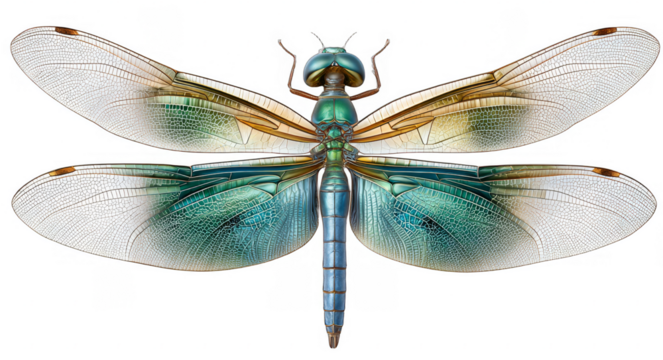 A detailed illustration of a dragonfly with vibrant wings displaying various colors and transparent parts.
