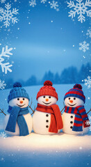 Three cheerful snowmen with colorful hats and scarves stand together in snowy winter landscape, surrounded by falling snowflakes and soft blue evening sky