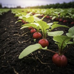 Vibrant Red Radishes Growing in Rich Dark Soil with Green Leaves, Captured in a Close-up, Shallow Focus Shot of an Organic Garden Row Under Gentle Sunlight