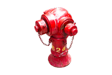 Red pipe water hydrant fire department connection system isolated on cutout PNG or transparent background. Ready to deliver water along pipe line. Emergency to control situation and reduce loss.