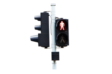 Traffic lights with red and green light lit hanging on steel pole isolated on cut out PNG or transparent background. Safety with people to travel. Sign or symbol pedestrians allowed crossing road.