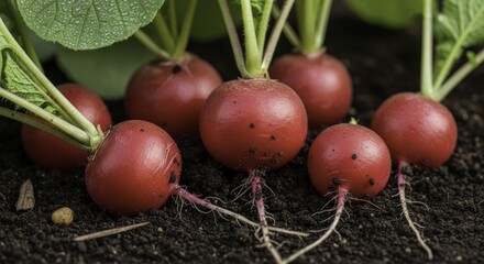 Close-up of freshly harvested red radishes with vibrant green leaves and delicate roots, resting on rich, dark garden soil, highlighting their natural beauty and healthy appeal.