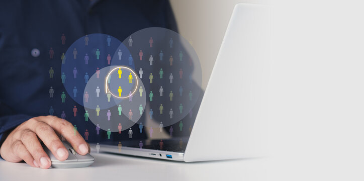 Niche marketing and personalization concept. Marketing segmentation strategy and consumer analysis. Marketer using laptop with venn diagram to analyze target customer data. selecting audience insights