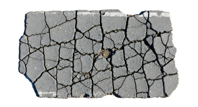 Severely cracked concrete pavement section texture isolated on white background for damage concept