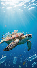 Obraz premium Sea turtle swimming underwater surrounded by plastic pollution, sunlight streaming through blue water, highlighting environmental impact and marine conservation urgency