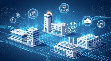 Digital Smart City network connecting corporate buildings and factories with integrated technology infrastructure