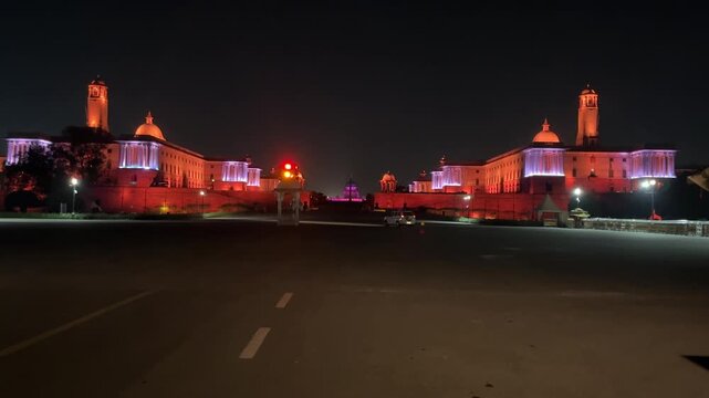 Light show on Rashtrapati Bhavan and Parliament Building in night in New Delhi, India