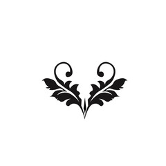 Ornamental Floral Design A classic black and white floral design element featuring elegant, curved leaves and intricate detailing. Perfect for use in decorative borders, logos