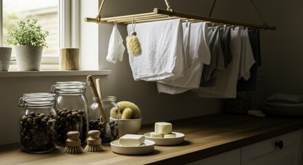 Eco-Friendly Laundry and Home Care Station with Natural Soaps, Wooden Brushes, and Drying Rack