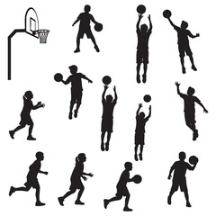 Set of Children Playing Basketball Silhouettes - Kids Sport Activity Vector Collection