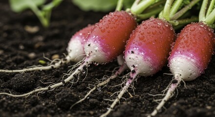Freshly Harvested Radishes with Dew Drops and Roots in Dark Soil, A Vibrant Macro Close-Up Capturing the Essence of Garden-Fresh Produce.