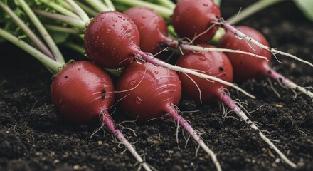 Close-up of Freshly Harvested Red Radishes with Water Droplets on Rich Garden Soil